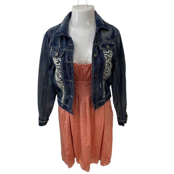 Studio M Dress Womens Medium Cottagecore Peasant Denim Jacket Orange Blue Lace - Picture 14 of 16